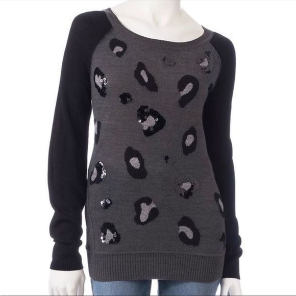 APT. 9 Leopard Print Embellished Crew Neck Black Gray Sweater size S - Picture 1 of 7